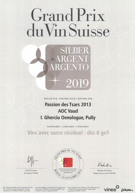 Diplôme Argent Grand Prix du vin Suisse 2019